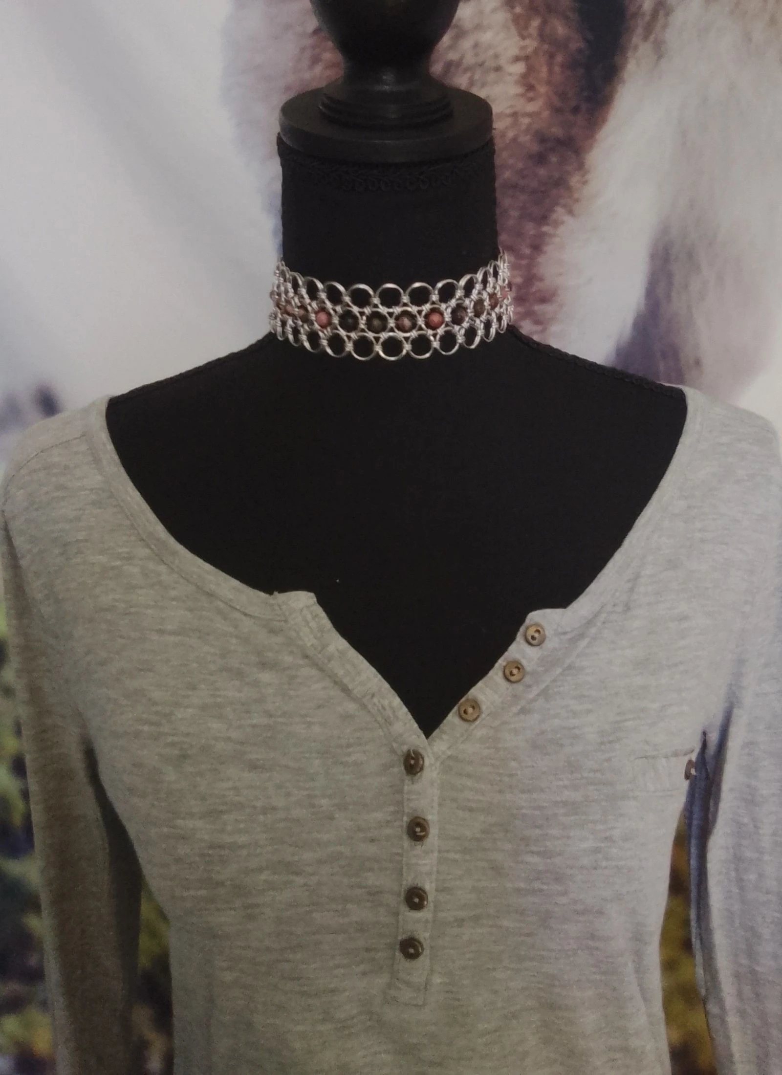 Japanese chainmail choker necklace with natural stones – photo 2